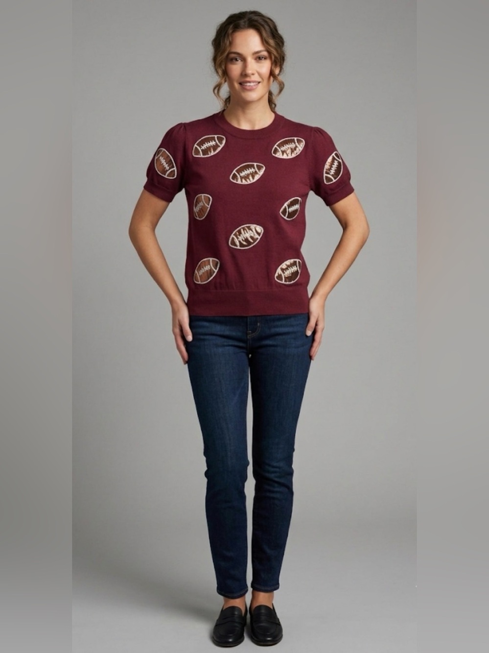 Ring Street Maroon Football Embellished Short Sleeve Knit Sweater